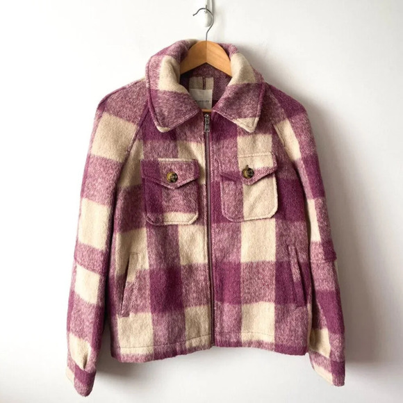 Avec Les Filles Felted Plaid Check Zip Shacket Shirt Jacket Purple Cream Small - Picture 3 of 7